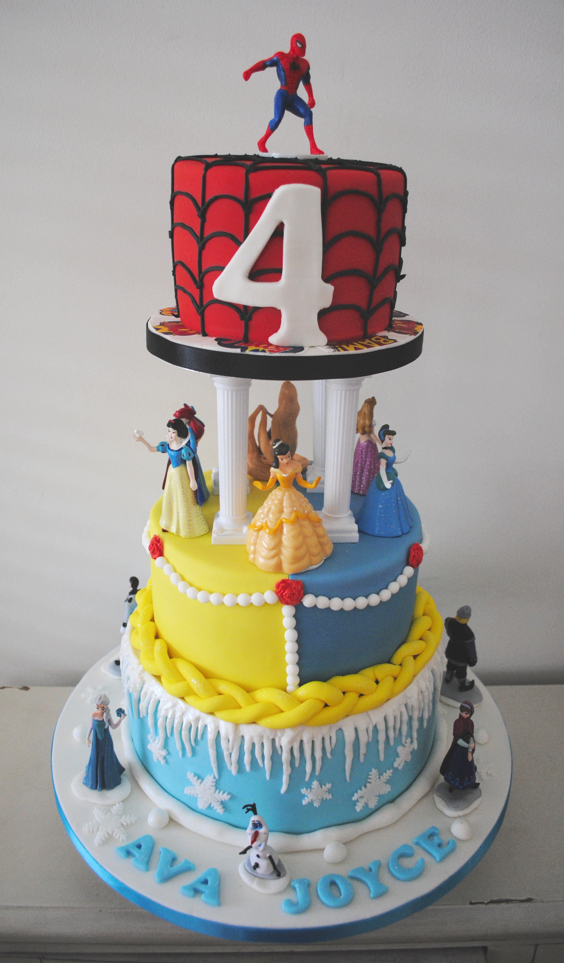 Frozen spiderman and disney princess 3 tier cake