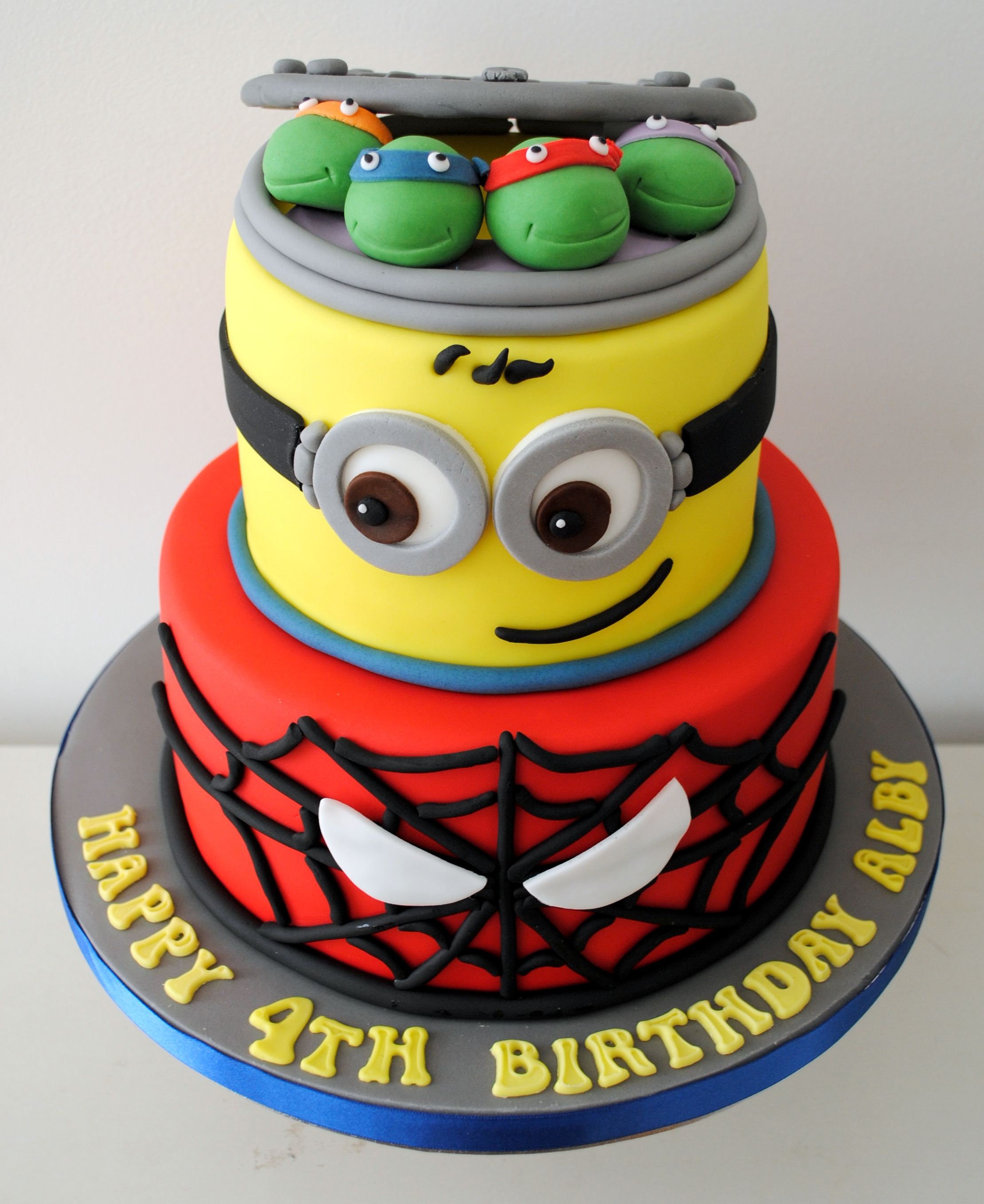 TMNT Minion and spiderman tiered birthday cake