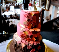 3 tiered autumn leaf and tree trunk wedding cake