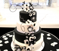 4 tiered black and white wedding cake