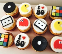 80's rubix cube pacman themed cupcakes