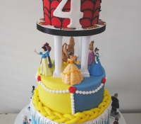 Frozen spiderman and disney princess 3 tier cake