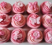 Pink butterfly and flower cupcakes